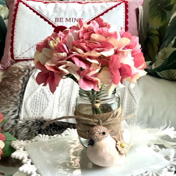 New! Pink Hydrangea Floral + Sparkly Feathered Bird - Picture 3 of 7